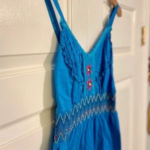 Bright blue sun dress with flower/zigzag pattern